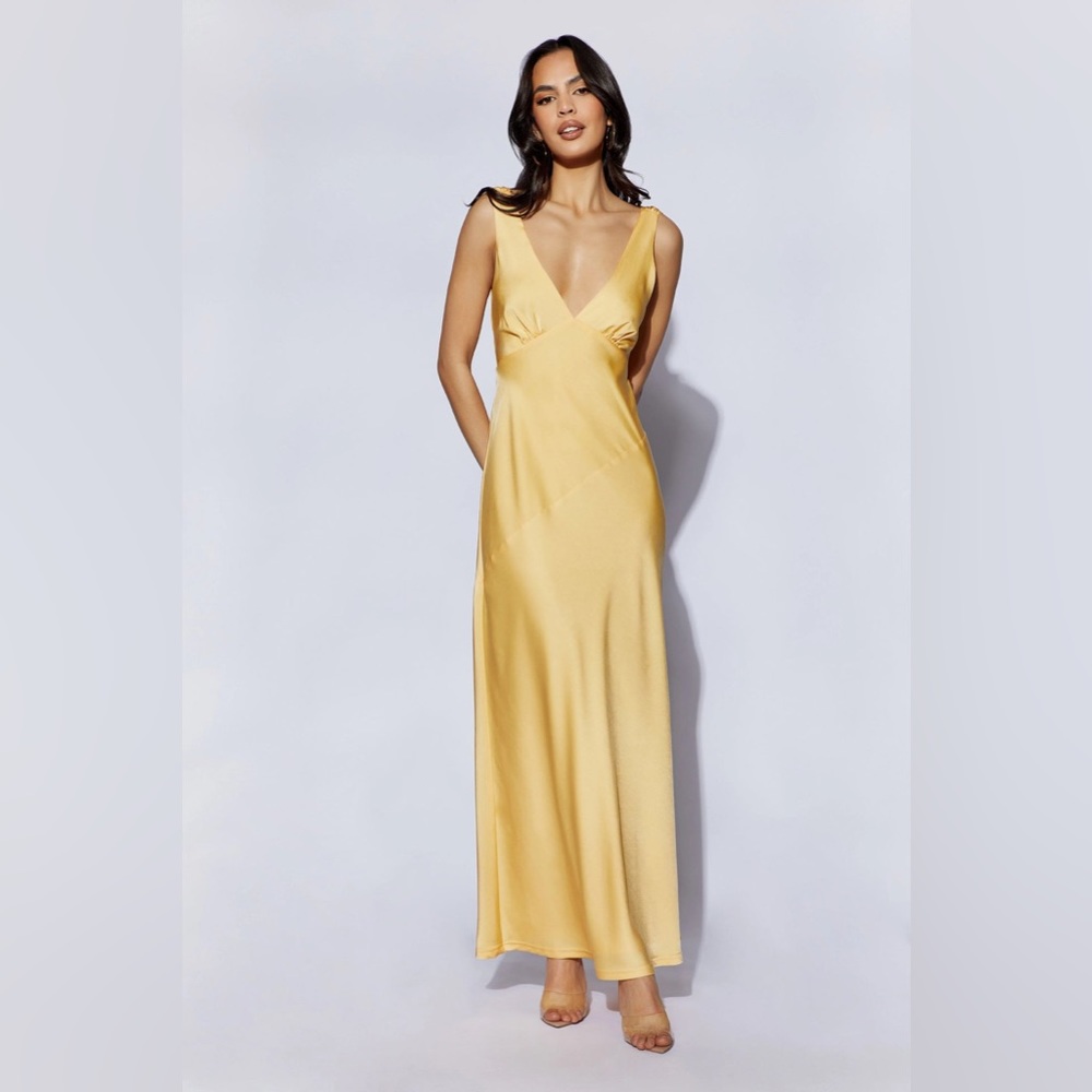 NWT Meshki Nadia Maxi Satin Dress with Back Cowl in Lemon